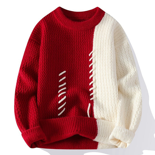 Unisex nan strukturierter Strickpullover mit asymmetrischem Zweifarbdesign und dekorativer Ziernaht EB