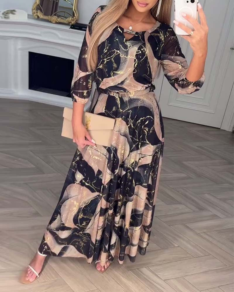 Damen nan Maxikleid mit abstraktem Marmorprint, Chiffon-Overlay, Schlüssel-Loch-Ausschnitt und elastischer Taillenpasse EB