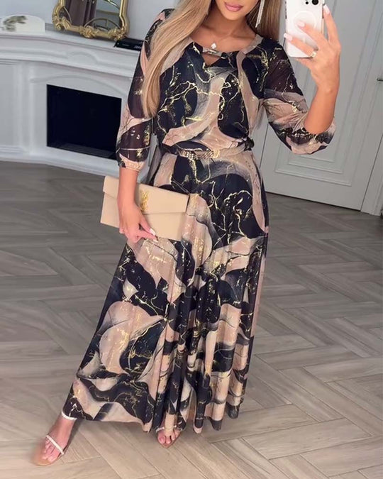 Damen nan Maxikleid mit abstraktem Marmorprint, Chiffon-Overlay, Schlüssel-Loch-Ausschnitt und elastischer Taillenpasse EB
