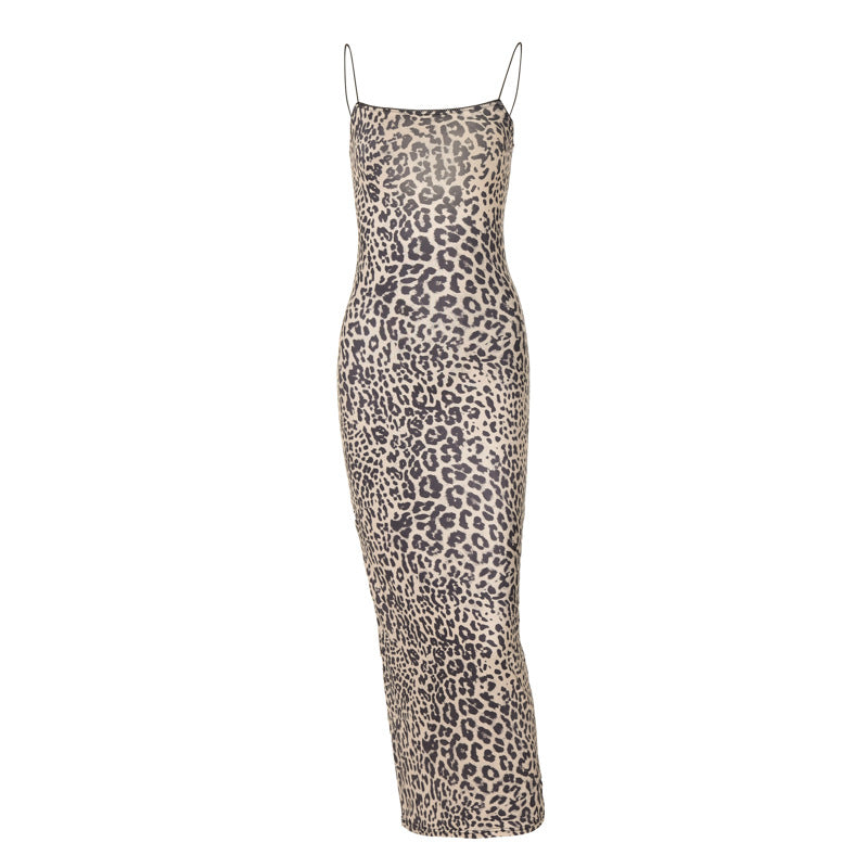 Damen Leoprint Maxikleid mit verstellbaren Spaghetti-Trägern EB