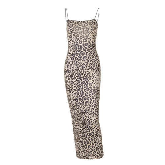 Damen Leoprint Maxikleid mit verstellbaren Spaghetti-Trägern EB