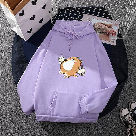 Damen nan niedlicher Kapuzenpullover mit Kängurutasche, oversized Schnitt und Bubble‑Tea Corgi-Print EB