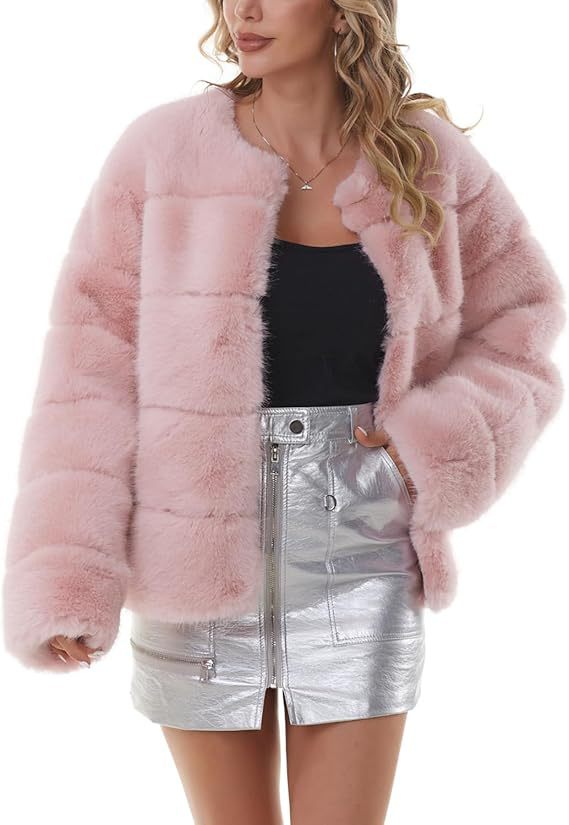 Damen Kuschelige Kunstpelzjacke mit modischem Puffärmel-Design EB