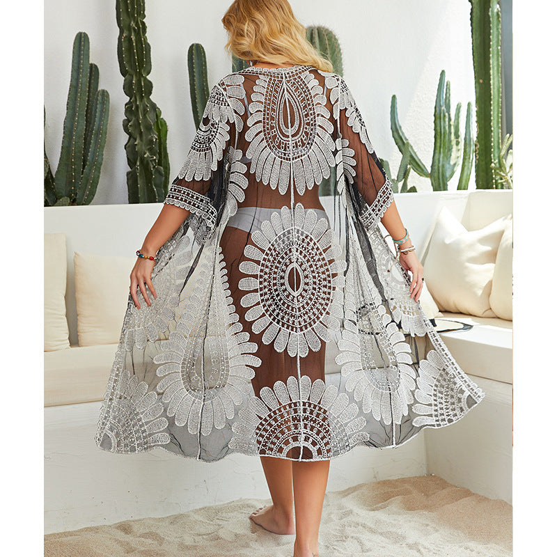 Damen Häkel-Strandüberwurf mit floralen Motiven und lockerem Schnitt EB