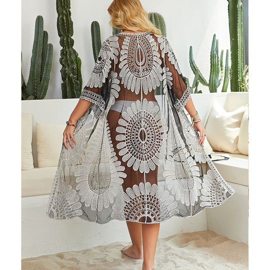 Damen Häkel-Strandüberwurf mit floralen Motiven und lockerem Schnitt EB