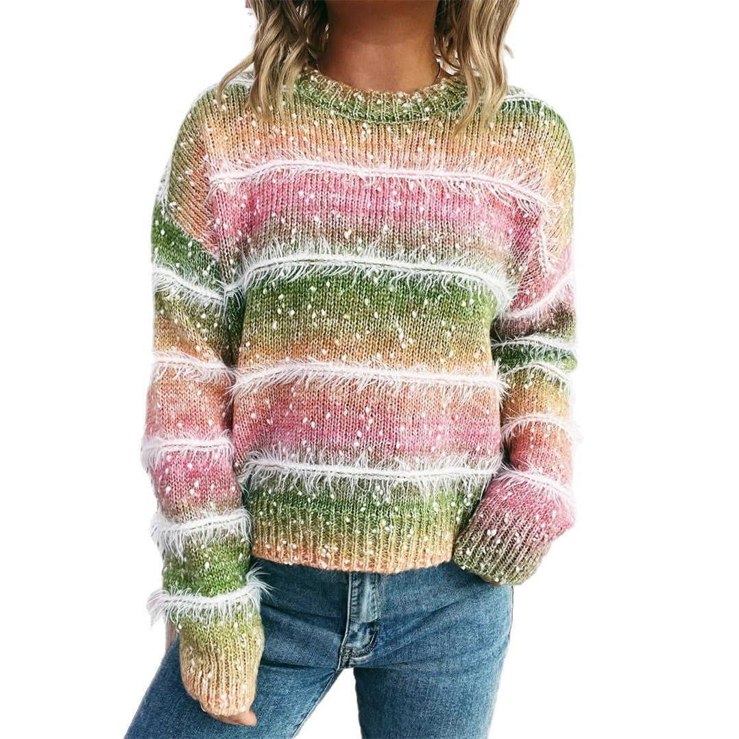 Damen kuscheliger Strickpullover mit fransigen Akzenten und attraktivem Farbverlauf EB