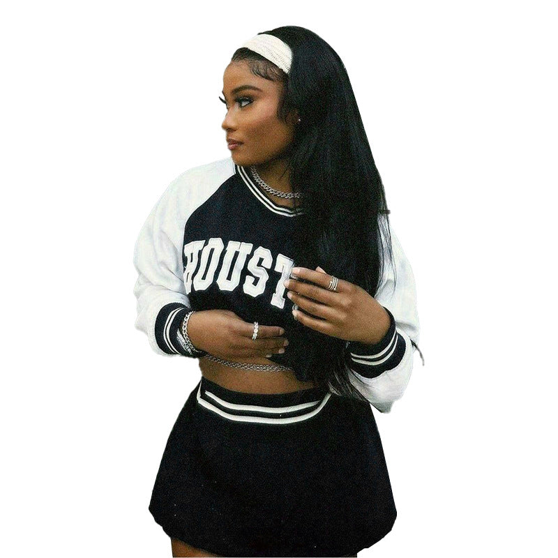 Damen Zweiteiliges Sportives Crop-Sweatshirt- und Minirock-Set mit Raglanärmeln und geripptem Taillenbund EB