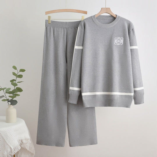 Damen modisches Freizeit-Loungewear-Set mit breiten Beinen und dezentem Logo EB