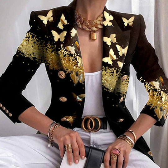 Damen Taillierter Doppelreihiger Blazer mit markanter Schulter, Goldknöpfen und Glitzer-Ombré EB