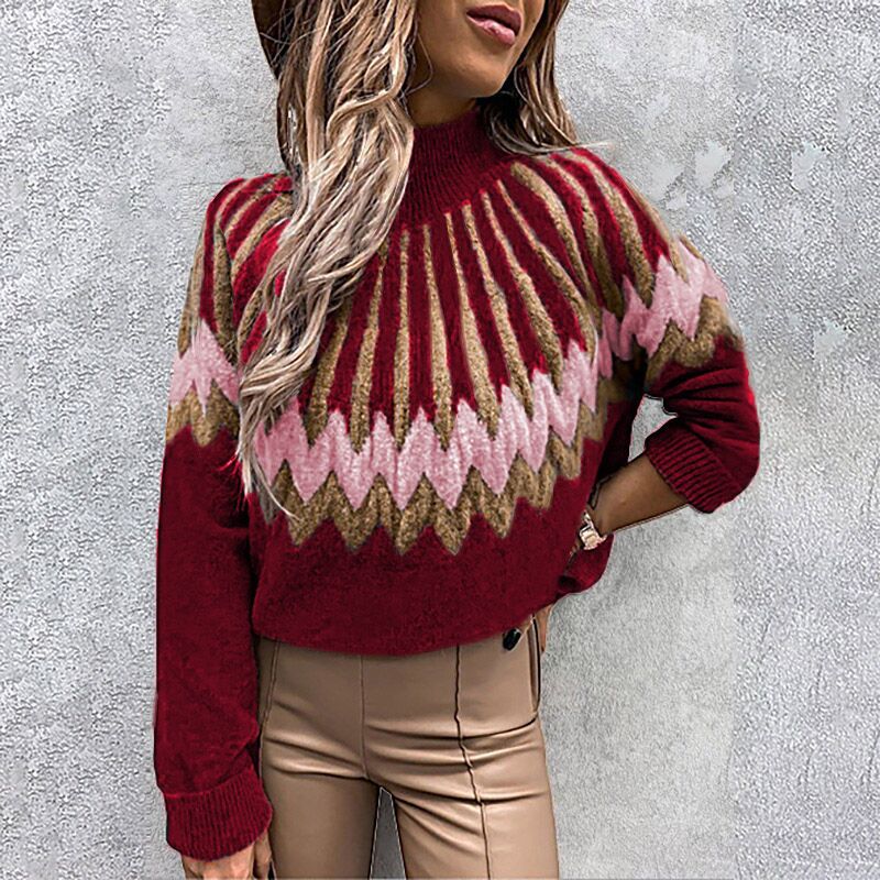 Damen Modischer Grobstrickpullover mit grafikintensivem Design und hohen Kragen EB