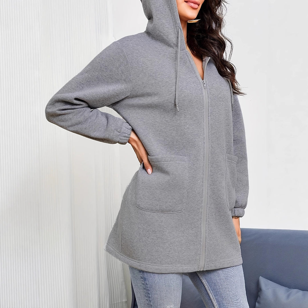 Damen nan Longline-Kapuzenjacke mit durchgehendem Reißverschluss, Kängurutaschen und elastischen Bündchen EB