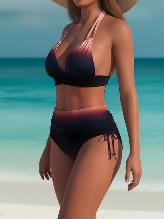 Damen Hochgeschnittener Bikini mit verstellbaren Trägern und farbverlauf EB