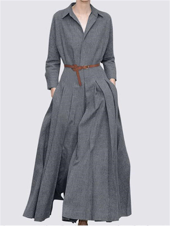 Damen Maxikleid mit eleganten Falten und taillierbarem Gürtel EB