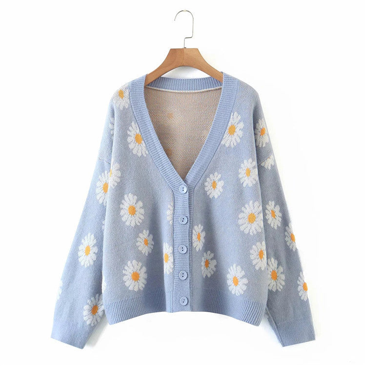 Damen Strickjacke mit floralem Design und V-Ausschnitt EB