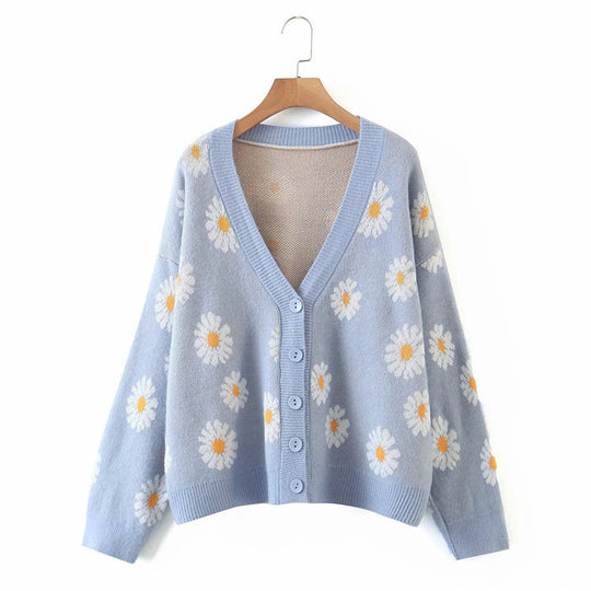Damen Strickjacke mit floralem Design und V-Ausschnitt EB