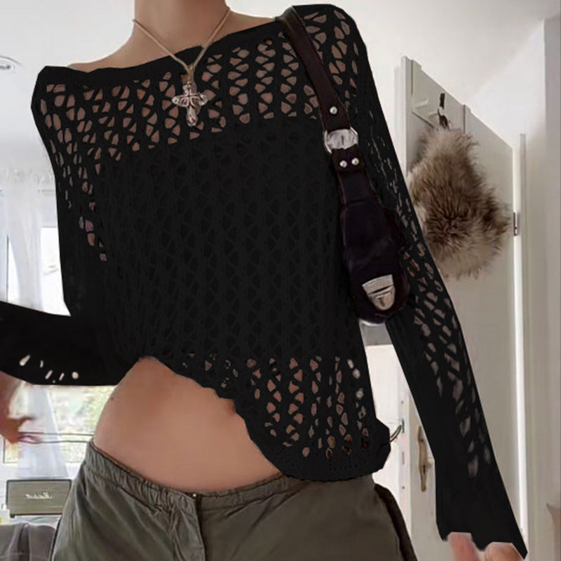 Damen luftiger Strickpullover mit feinem Netzmuster EB