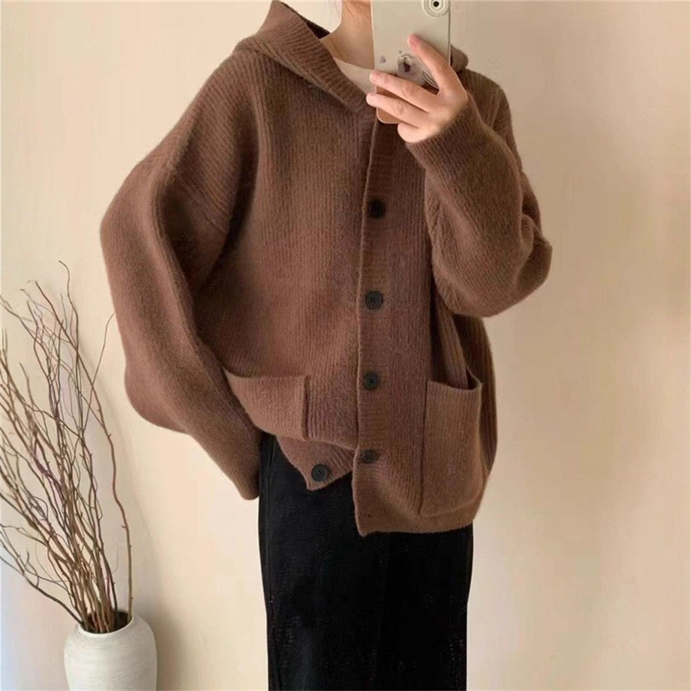 Damen kuschelige Strickjacke mit Kapuze und großen Taschen EB