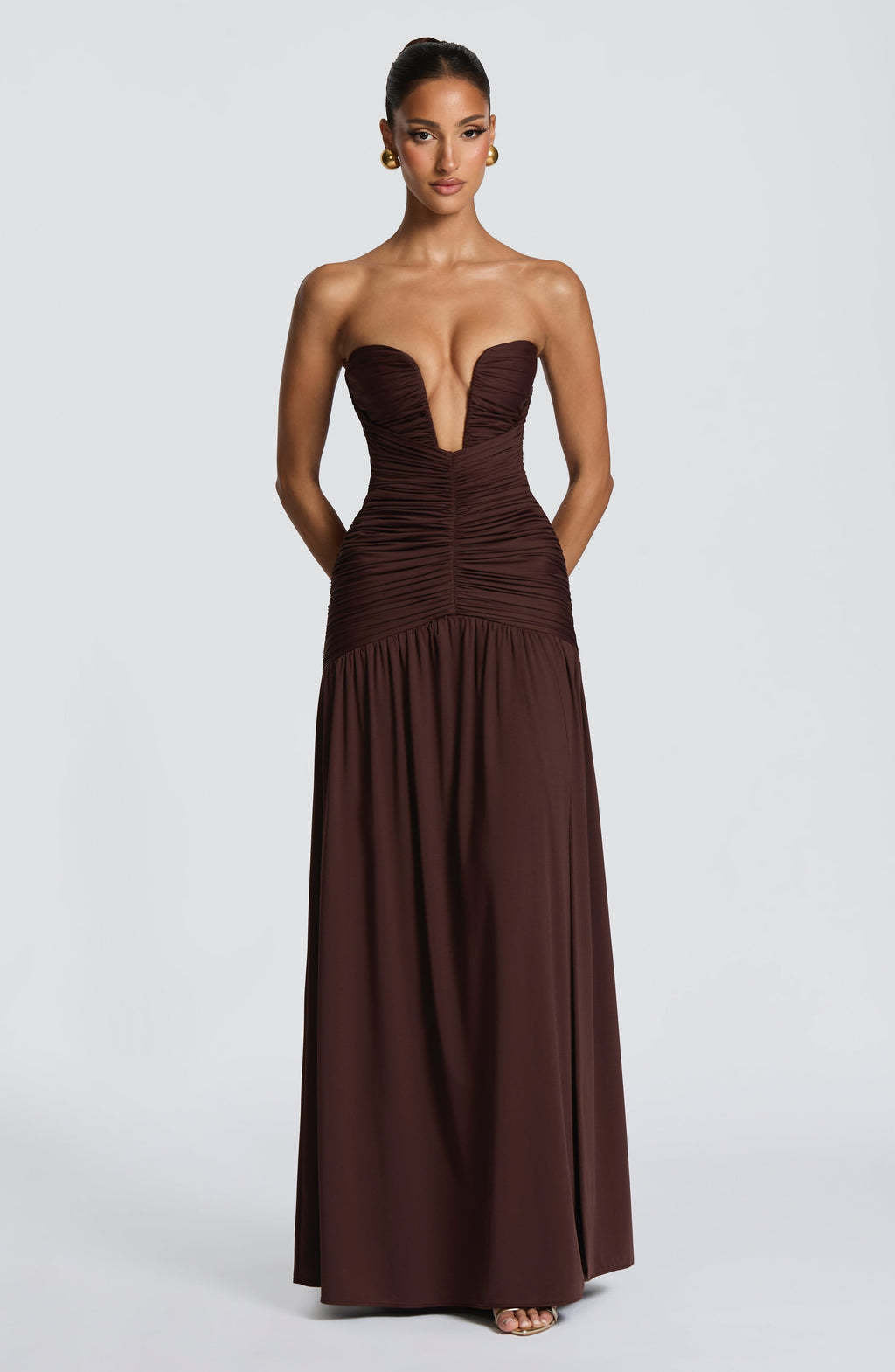 Damen Abendkleid mit tiefem V-Ausschnitt und eleganter Drapierung EB