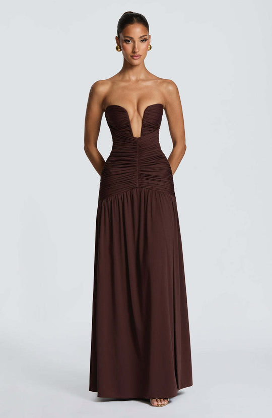 Damen Abendkleid mit tiefem V-Ausschnitt und eleganter Drapierung EB