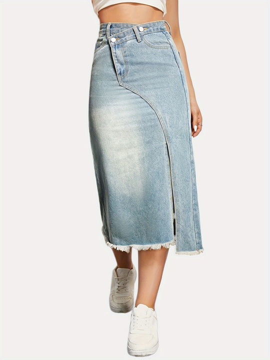Damen Denim-Midi-Rock mit asymmetrischem Schnitt und fransigem Saum EB