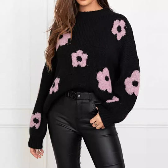 Damen gemütlicher Strickpullover mit floralem Muster EB