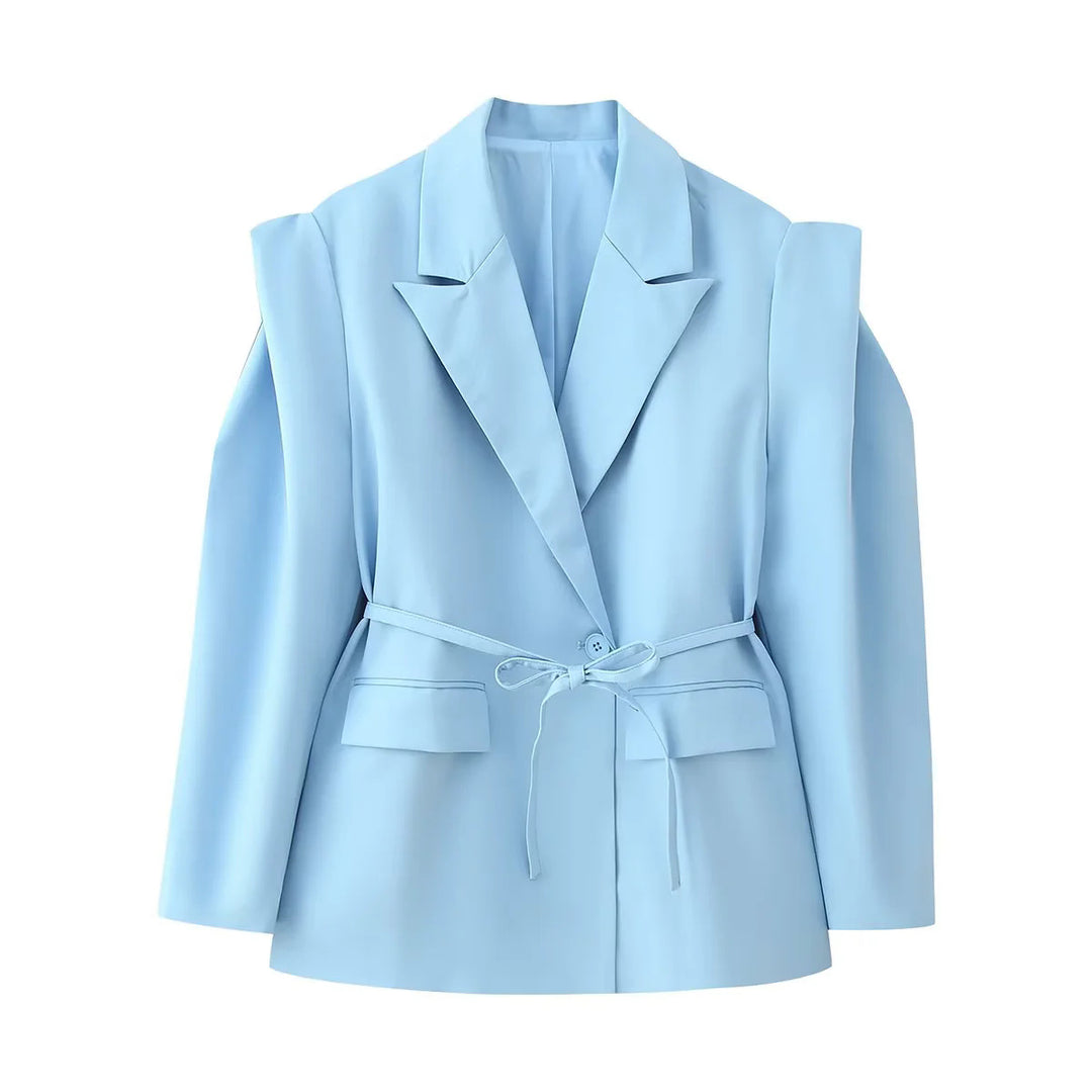 Damen elegante Oversized-Blazerjacke mit Gürtel und Schulterpolstern EB