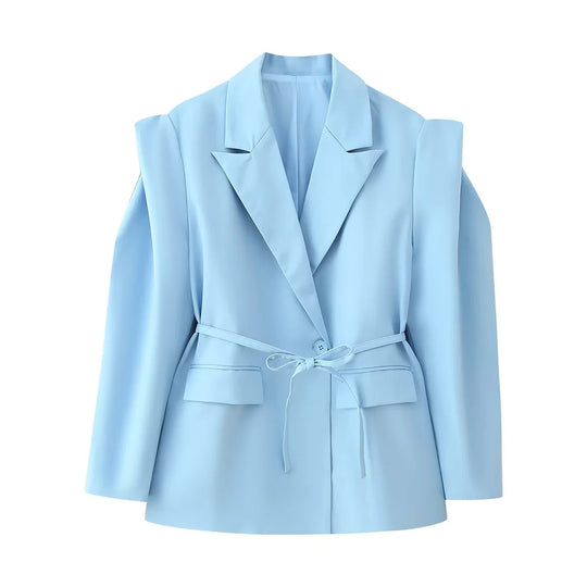 Damen elegante Oversized-Blazerjacke mit Gürtel und Schulterpolstern EB