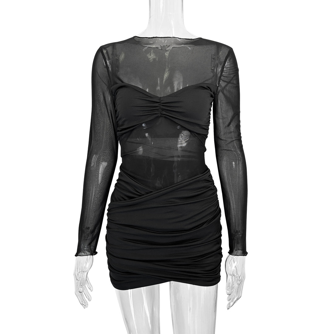 Damen Raffiniertes Minikleid mit transparenten Ärmeln und Rüschendetails EB