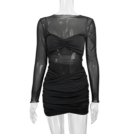 Damen Raffiniertes Minikleid mit transparenten Ärmeln und Rüschendetails EB