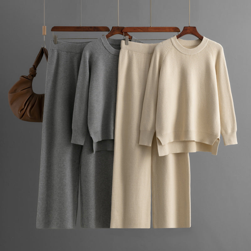 Damen lässiges Strick-Lounge-Set mit weitem Oberteil und bequemen Hosen EB