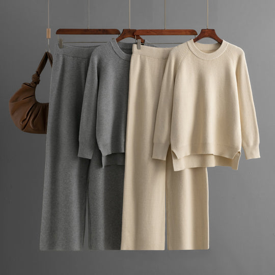 Damen lässiges Strick-Lounge-Set mit weitem Oberteil und bequemen Hosen EB