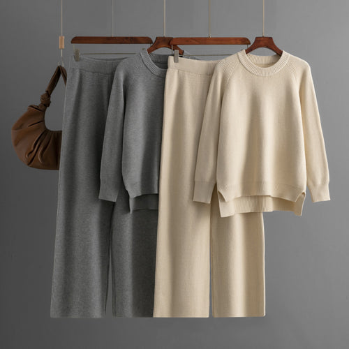 Damen lässiges Strick-Lounge-Set mit weitem Oberteil und bequemen Hosen EB