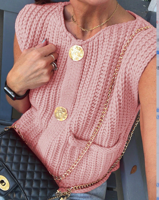 Damen Strickweste mit Knöpfen und Taschen EB