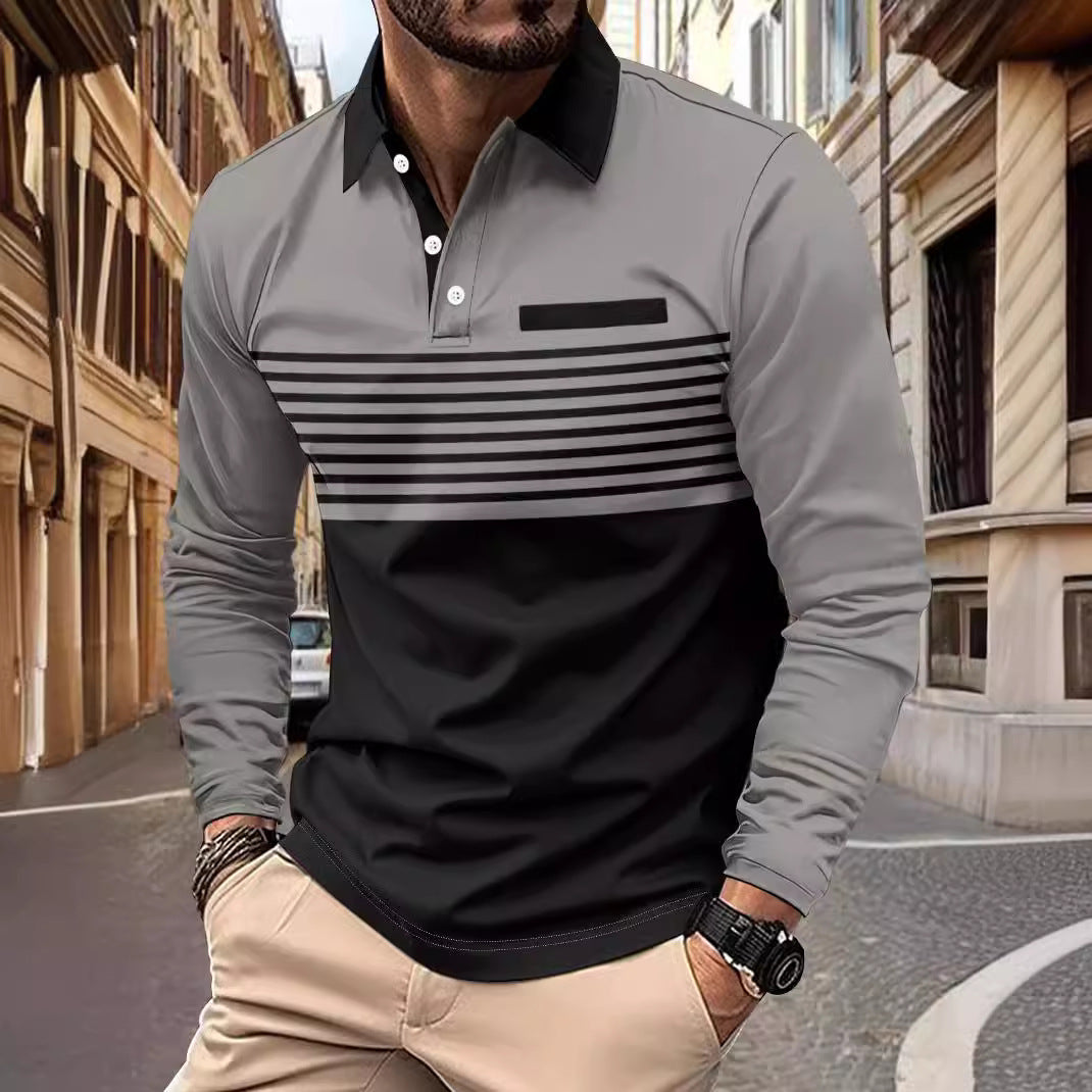 Herren nan langärmliges Poloshirt mit kontrastierendem Hemdkragen, dezenter Brustpaspel und feinem Streifenrelief EB