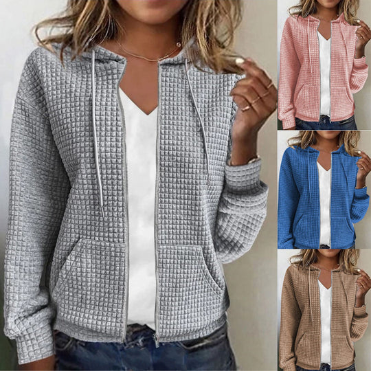 Damen Waffelstruktur Kapuzenjacke mit durchgehendem Reißverschluss und praktischen Taschen EB