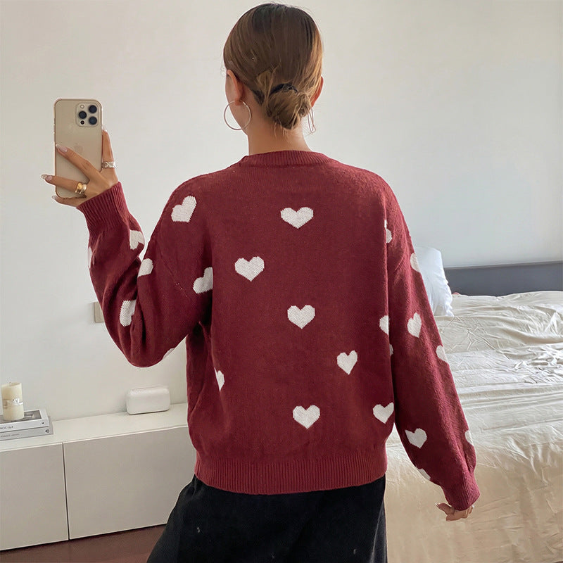 Damen Grobstrick-Pullover mit Herzintarsien und klassischem Rundhalsausschnitt EB