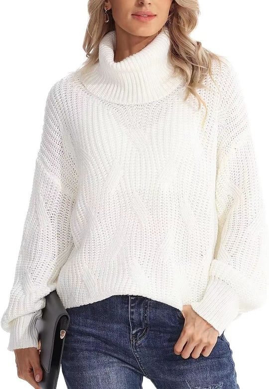 Damen Weicher Strickpullover mit hohem Kragen und Kabelmuster EB