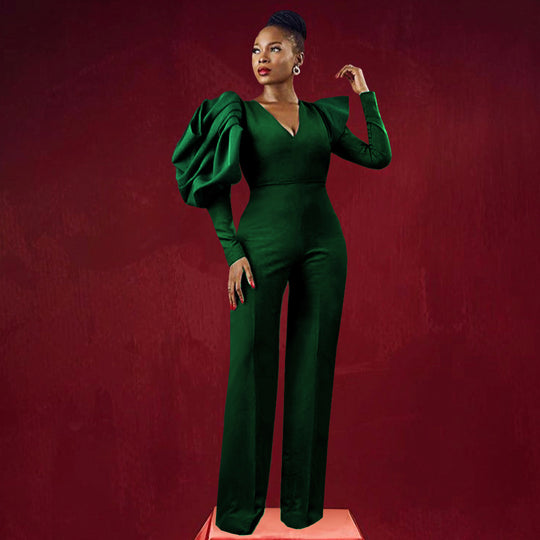 Damen Eleganter Jumpsuit mit dramatischen Puffärmeln und figurbetontem Schnitt EB