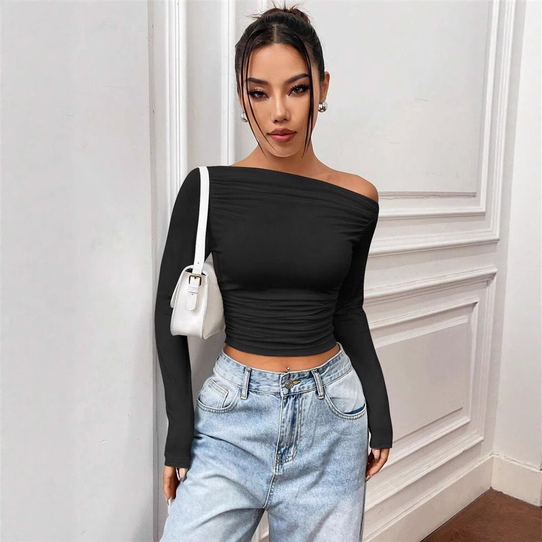 Damen Elegantes Off-Shoulder Langarmtop mit figurbetontem Schnitt EB