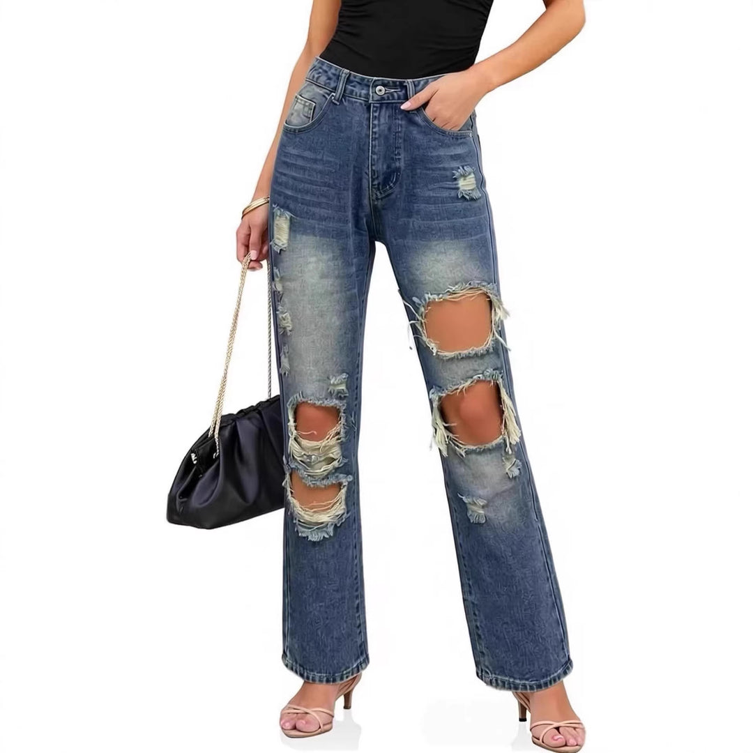 Damen lässige Destroyed Jeans mit weitem Bein und trendigen Rissdetails EB