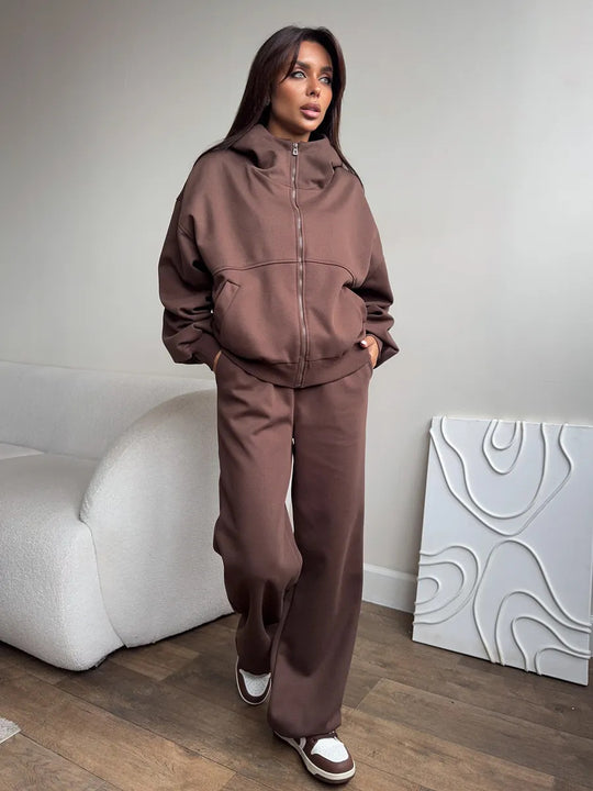 Damen Oversized Hoodie-Jacke mit hoher Stehkapuze und gerader Relax-Sweathose EB