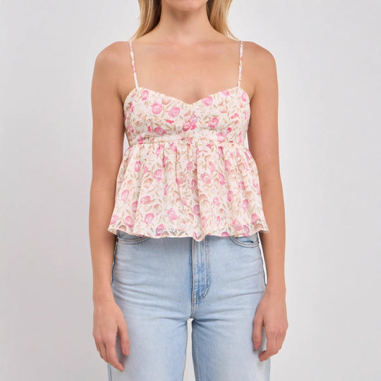 Damen Peplum-Oberteil mit floralem Muster und zarten Spaghetti-Trägern EB