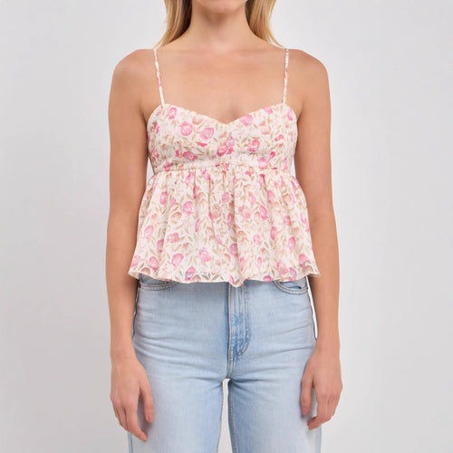 Damen Peplum-Oberteil mit floralem Muster und zarten Spaghetti-Trägern EB