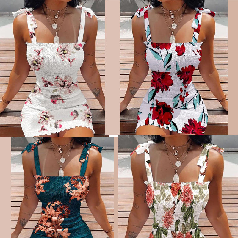 Damen Kurzkleid mit Blumenmuster und Spitzenträgern EB