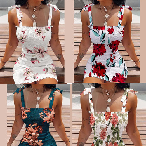 Damen Kurzkleid mit Blumenmuster und Spitzenträgern EB