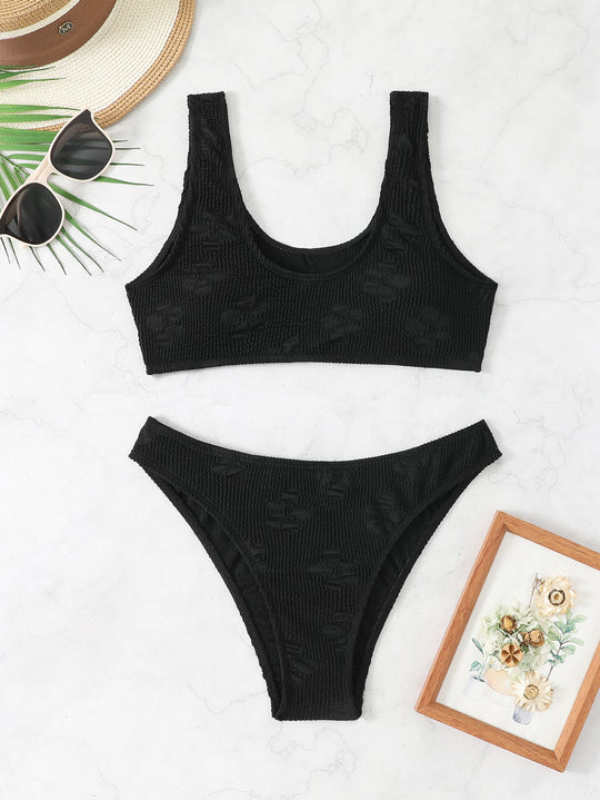 Damen Bikini-Set mit strukturiertem Oberteil und hoch geschnittenem Slip EB