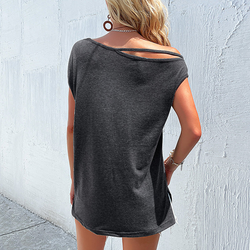 Damen lässiges Knotenshirt mit asymmetrischem Ausschnitt und Fronttasche EB