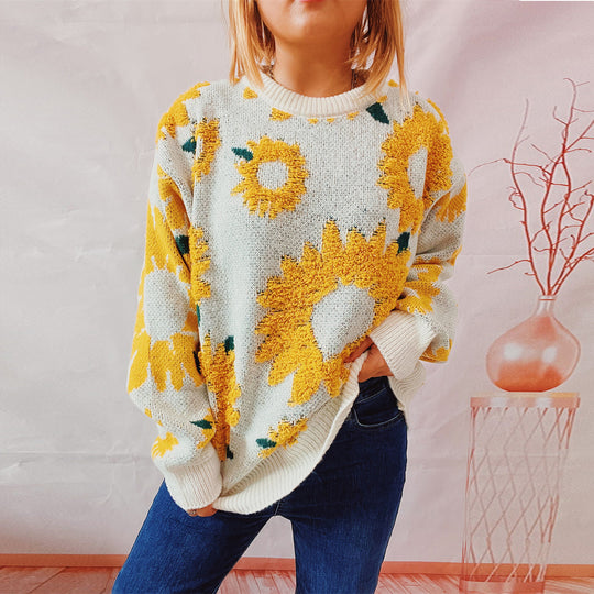 Damen Strickpullover mit floralem Design und Oversize-Schnitt EB