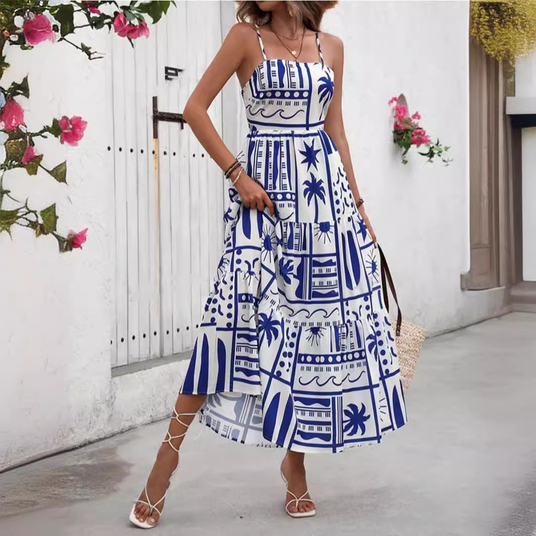Damen Maxikleid mit angesagtem Grafikdruck und verstellbaren Spaghettiträgern EB