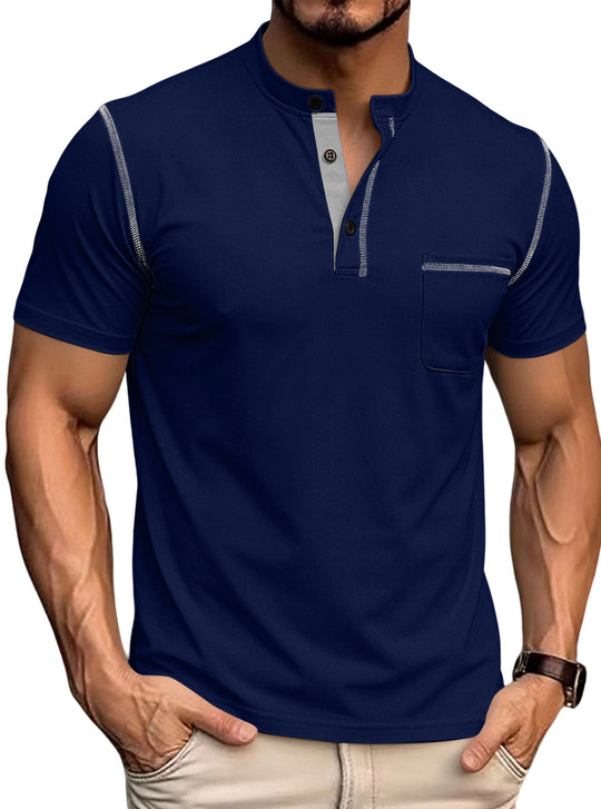 Herren nan kurzärmeliges Henley-Shirt mit Stehkragen, Brusttasche und kontrastierenden Ziernähten EB